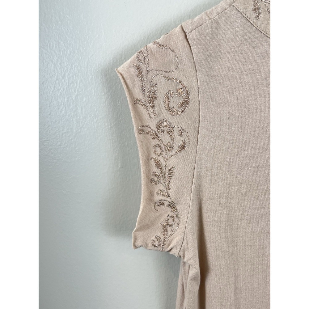 BCBGMaxazria Y2K Babydoll V-Neck Embroidered Short Sleeve Tunic Top Medium Beige - Picture 6 of 8